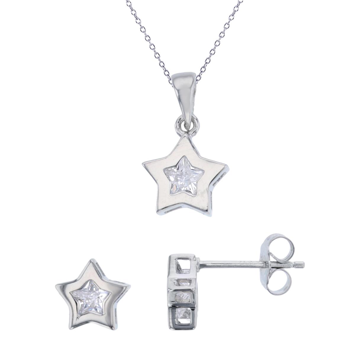 Sterling Silver Rhodium 5mm Star-shape White CZ Bezel Star 18" Necklace & Earring Set