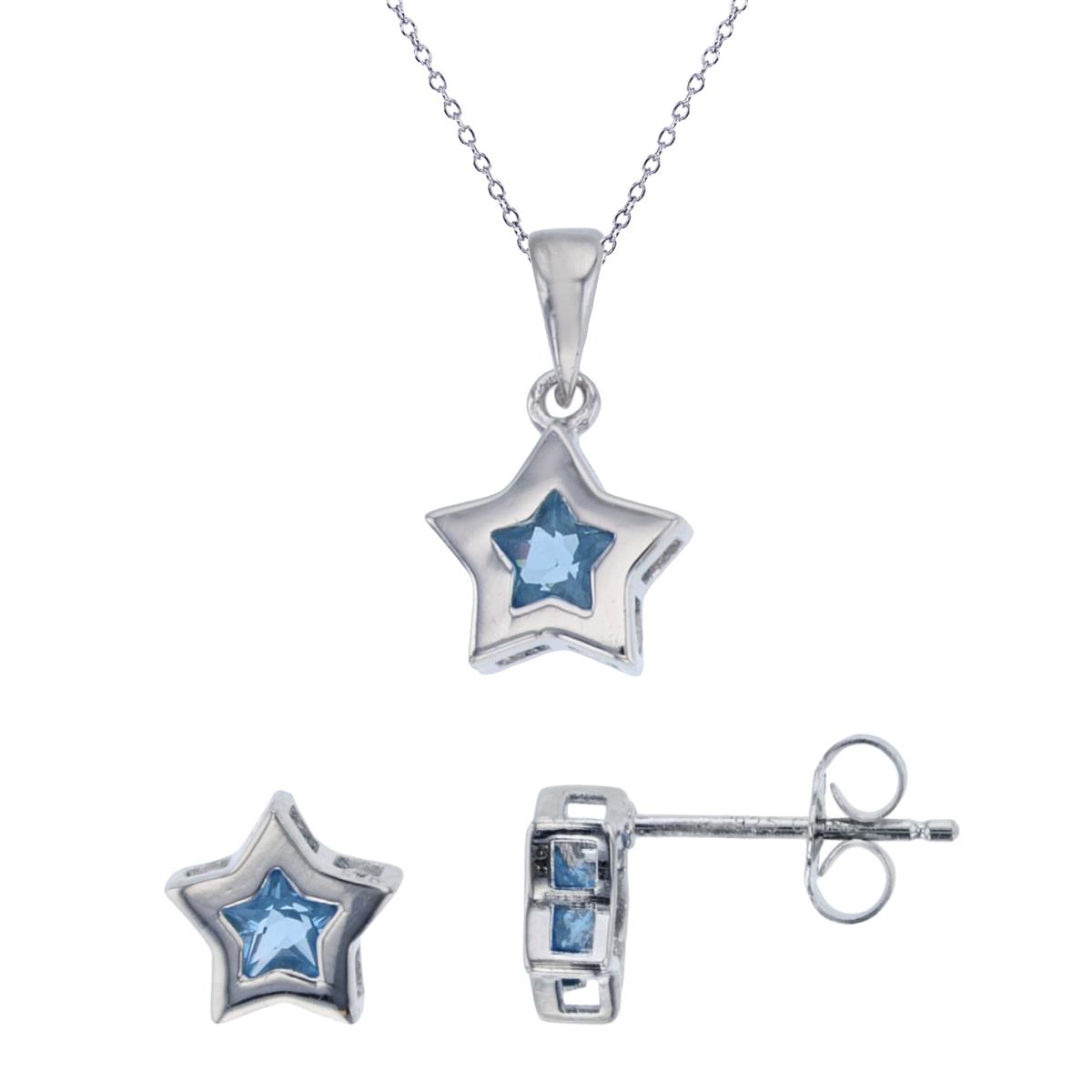 Sterling Silver Rhodium 5mm Star-shape #119 Blue CZ Bezel Star 18" Necklace & Earring Set