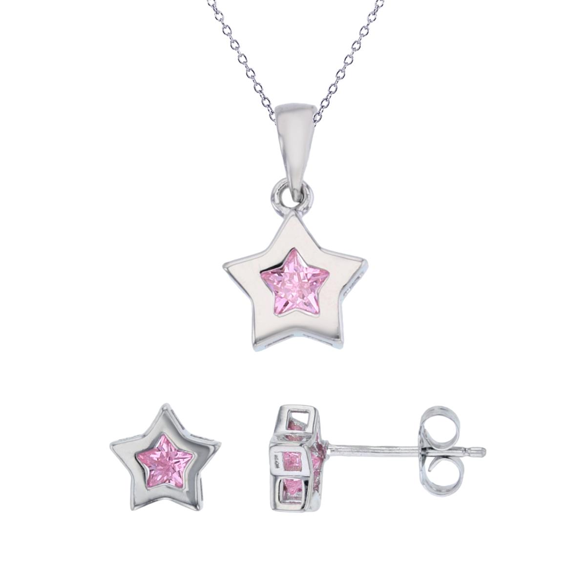 Sterling Silver Rhodium 5mm Star-shape Pink CZ Bezel Star 18" Necklace & Earring Set