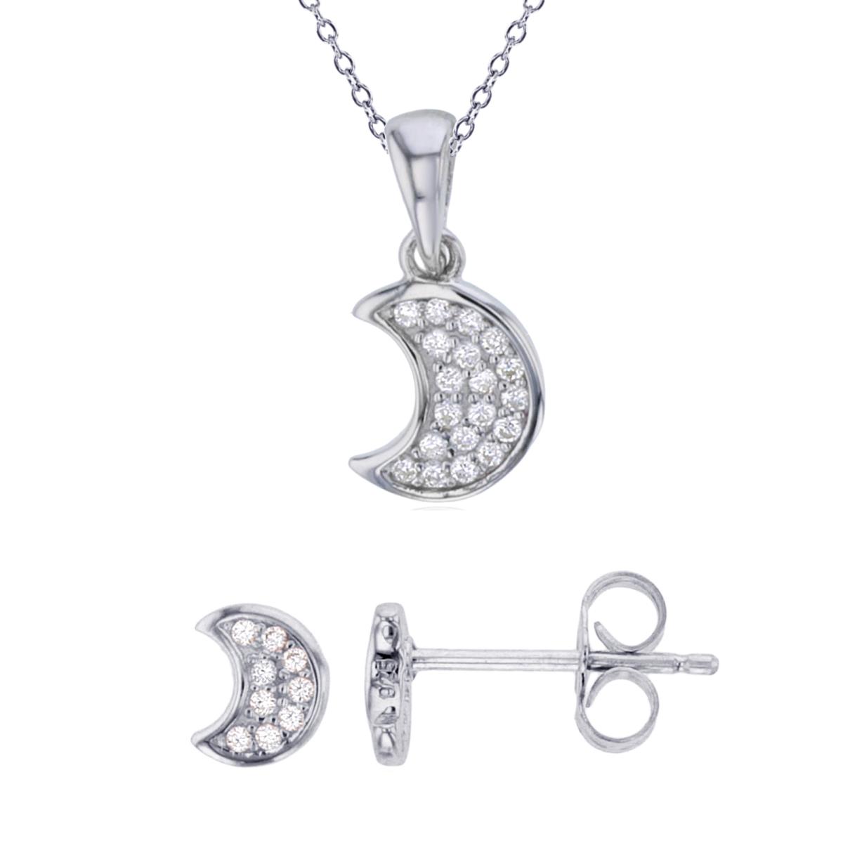 Sterling Silver Rhodium Rnd White CZ Micropave Moon 18" Necklace & Earring Set