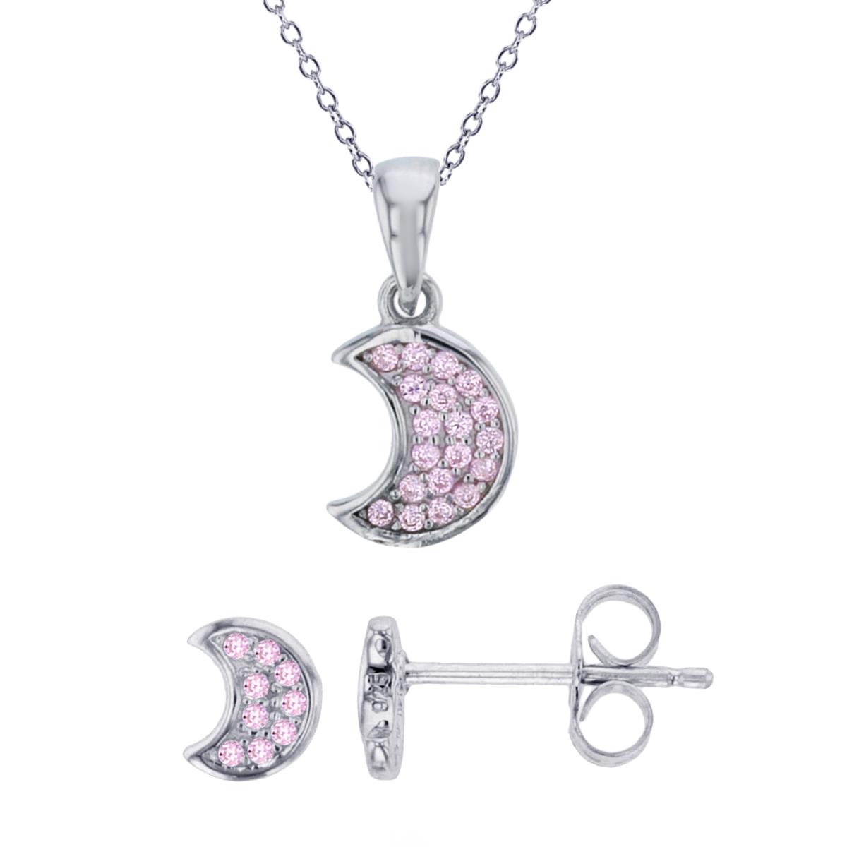 Sterling Silver Rhodium Rnd Pink CZ Micropave Moon 18" Necklace & Earring Set