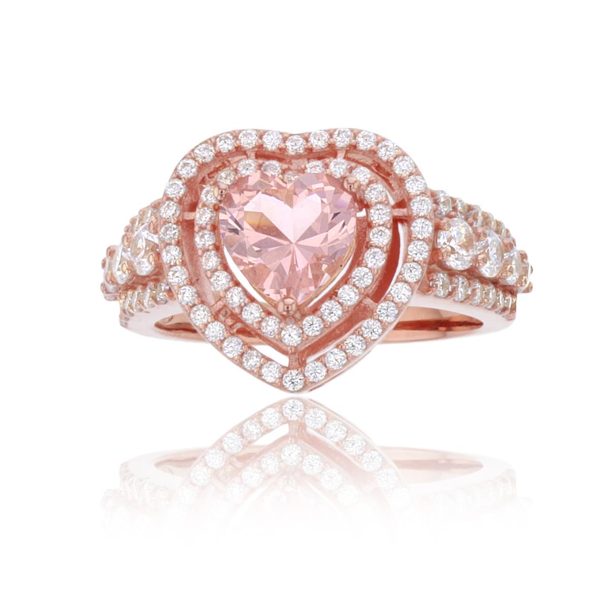 Sterling Silver+1Micron Rose Gold 7x7mm HS Morganite Nano & Rnd White CZ Double Halo 14.5x14mm  Heart Ring
