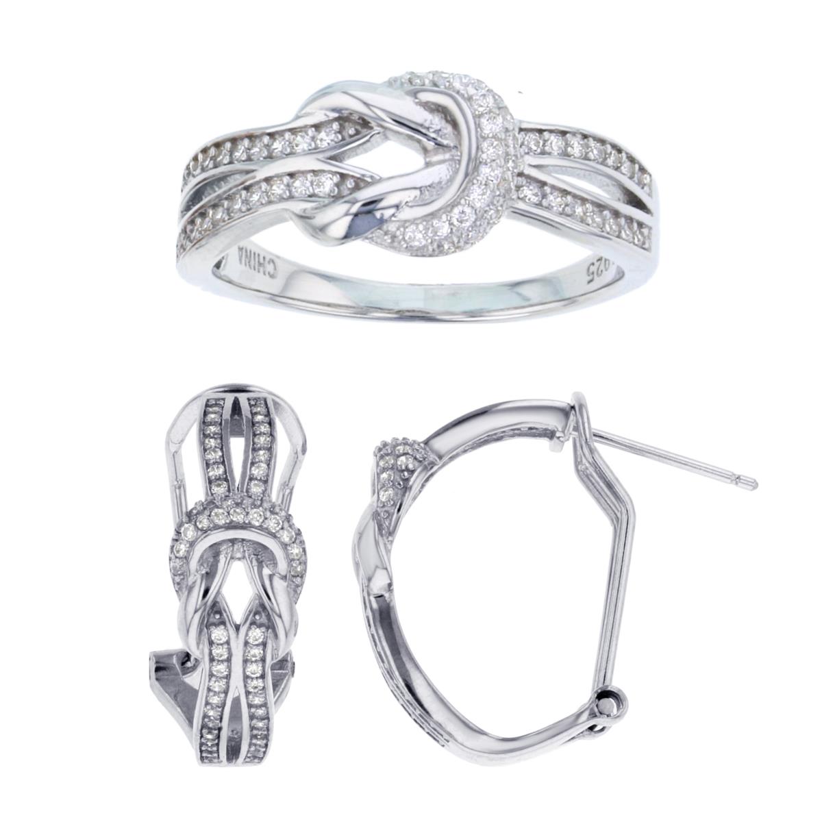Sterling Silver Rhodium Rnd White CZ Buckle Ring & Earring Set