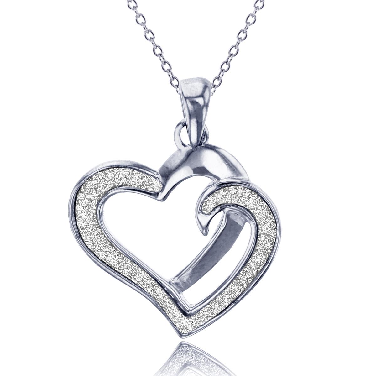 Sterling Silver Rhodium 24x18mm Glitter & Polished Heart 18" Necklace