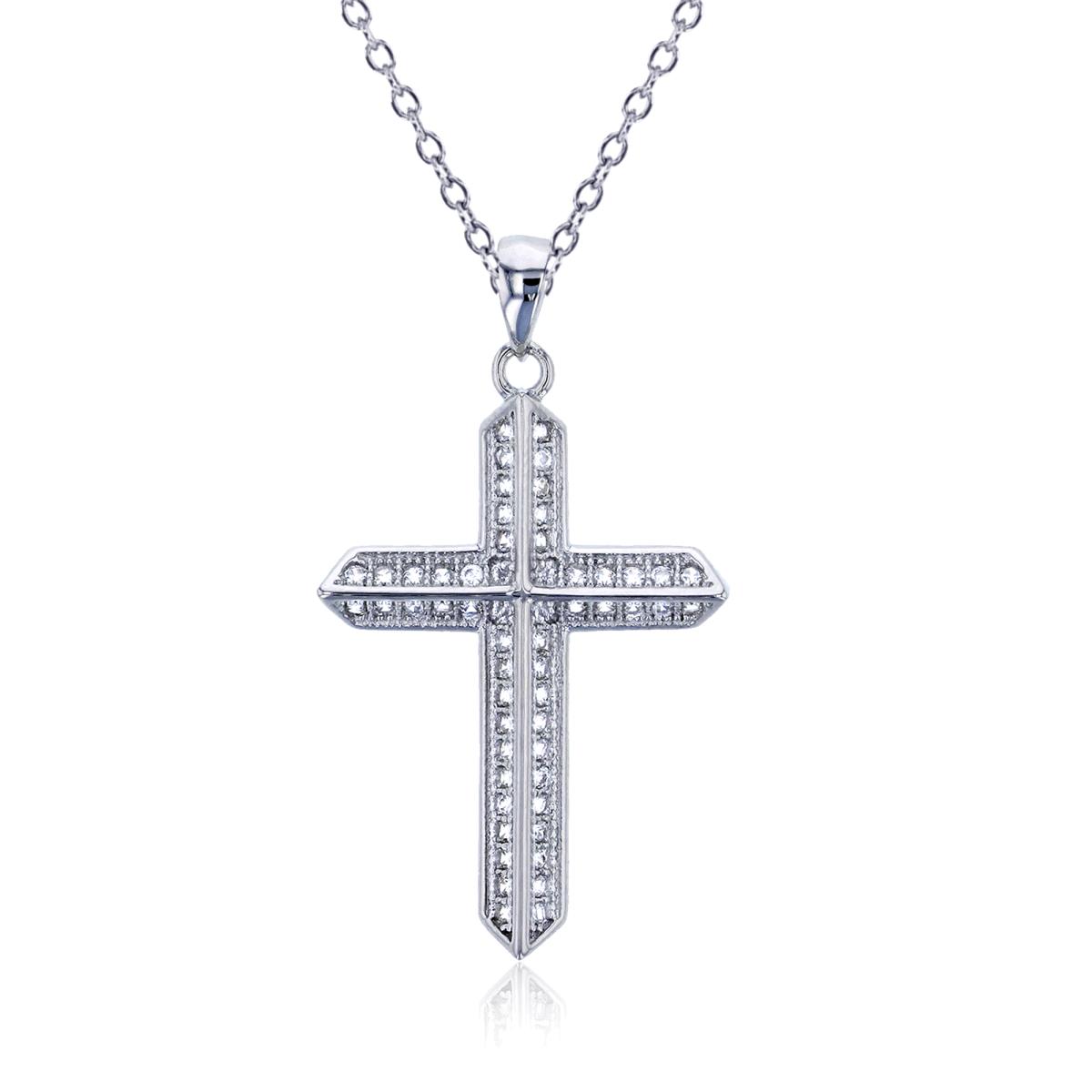 Sterling Silver Rhodium Micropave 30x17mm Cross 18"Necklace