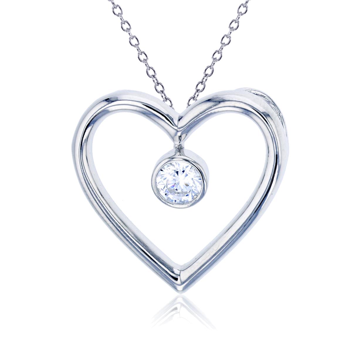 Sterling Silver Rhodium 5mm Round Cut Bezel Inside Polished Open Heart Double Hidden Bail 18"Necklace