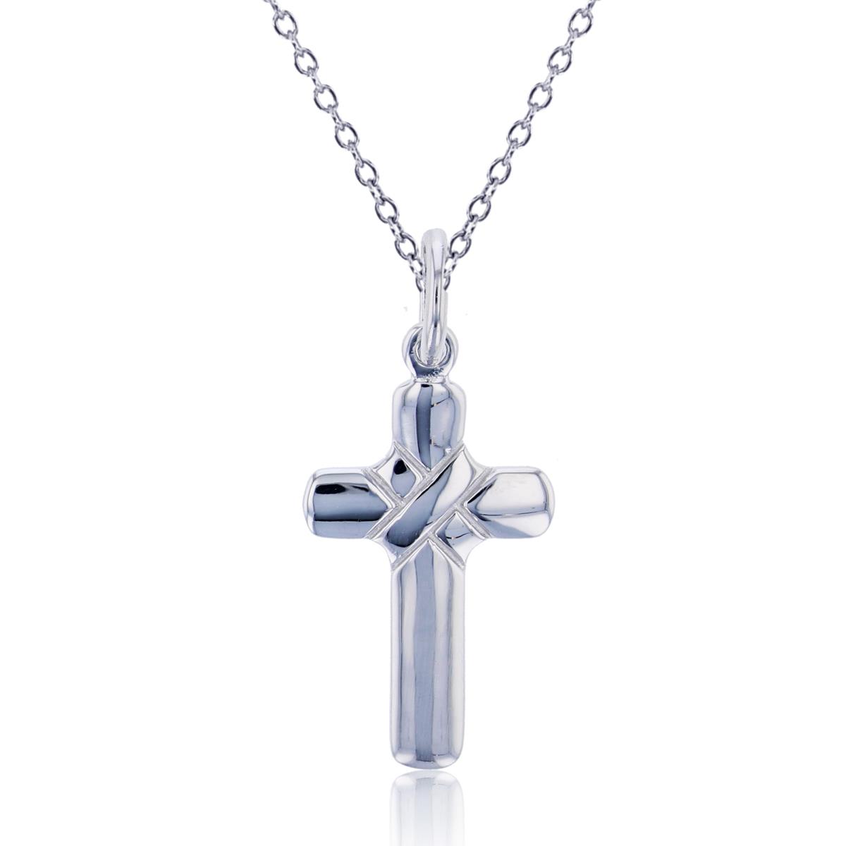 Sterling Silver Rhodium Cross Pendant w Ties at Center 18"Necklace