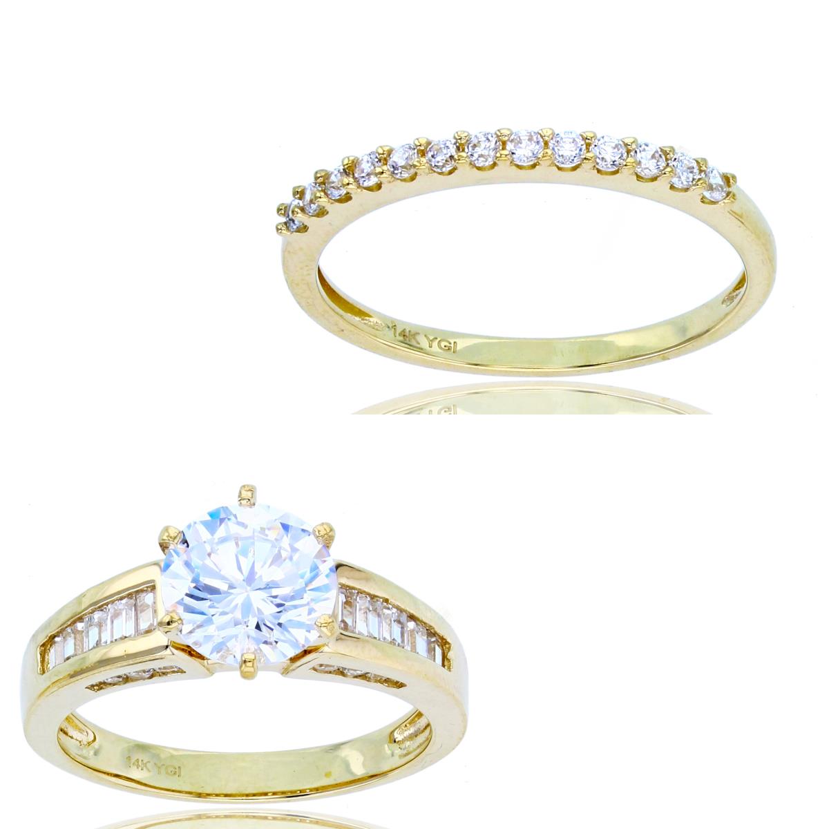 10K Yellow Gold 8mm Rd CZ Grad Baguette Sides Engagement & Paved Band Duo Ring Set