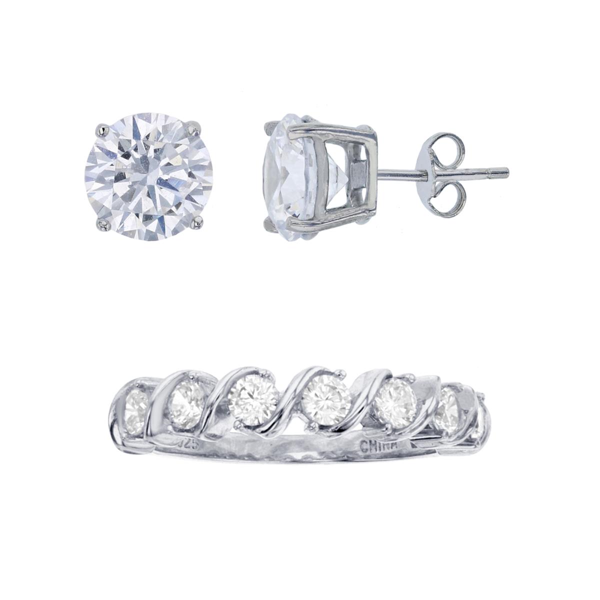 Sterling Silver Rhodium 3mm Rnd CZ 7-stones Ring & 8mm Rd Solitaire Stud Earring Set