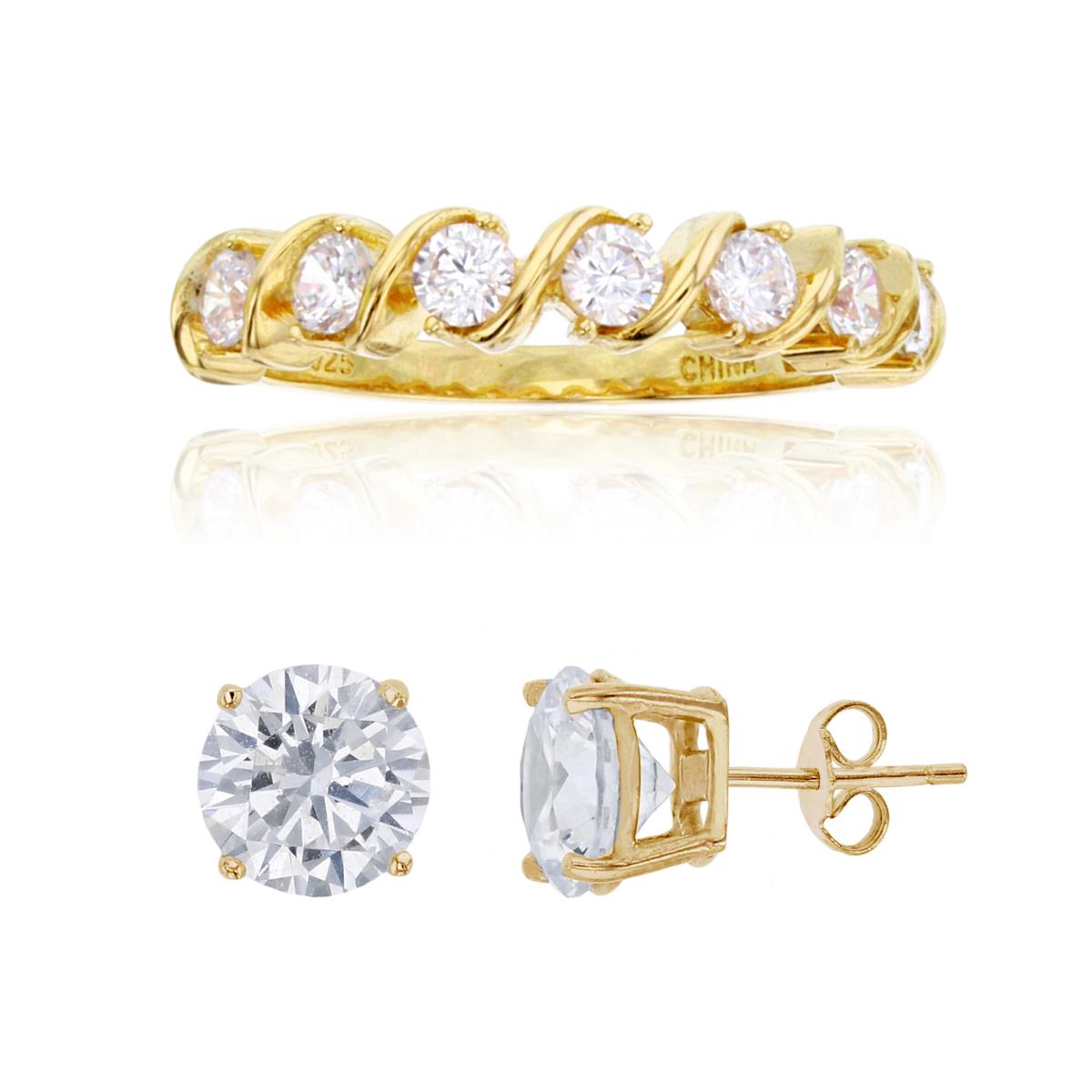 Sterling Silver Yellow 1-Micron 3mm Rnd CZ 7-stones Ring & 8mm Rd Solitaire Stud Earring Set