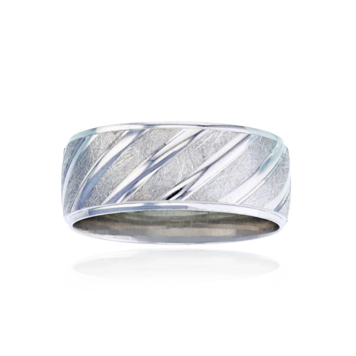 Sterling Silver Rhodium 8.00mm Textured & Polished Diagonal Stripes Men's Band Ring