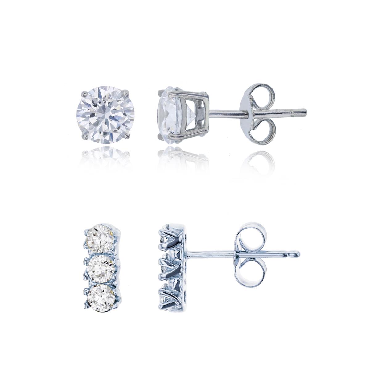 Sterling Silver Rhodium 10x4mm 3-Stone Rd Cut & 6mm Rnd Solitaire Stud Earring Set