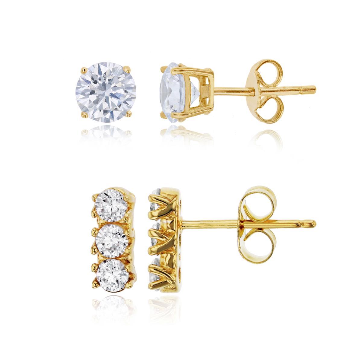 Sterling Silver Yellow 10x4mm 3-Stone Rd Cut & 6mm Rnd Solitaire Stud Earring Set