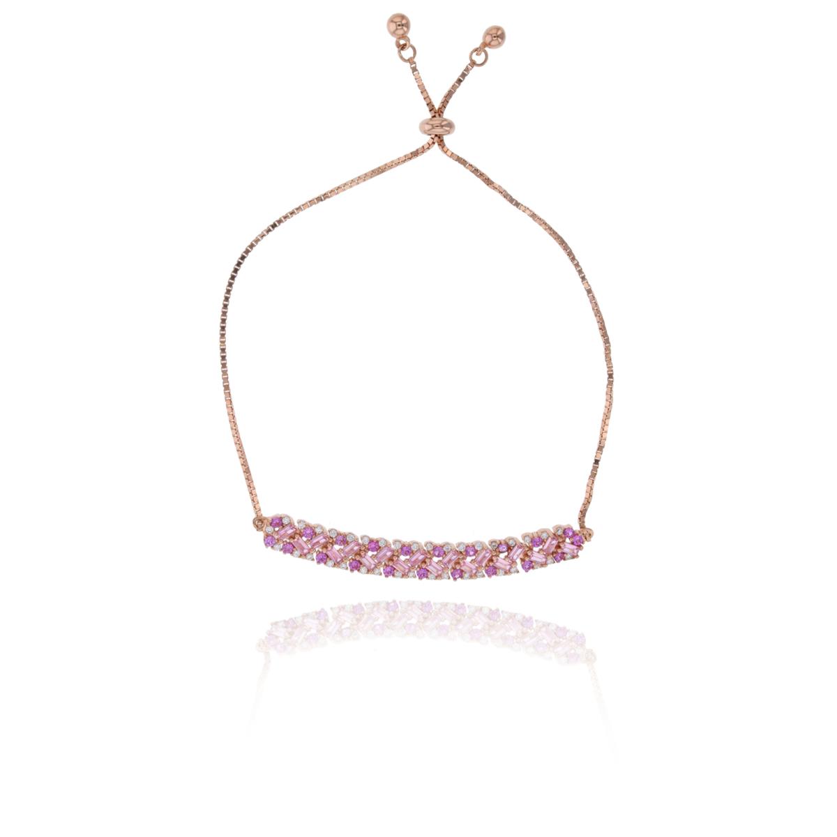 Sterling Silver Rose Pink Baguette & White Rd CZ  Flexi Bar Adjustable Bracelet