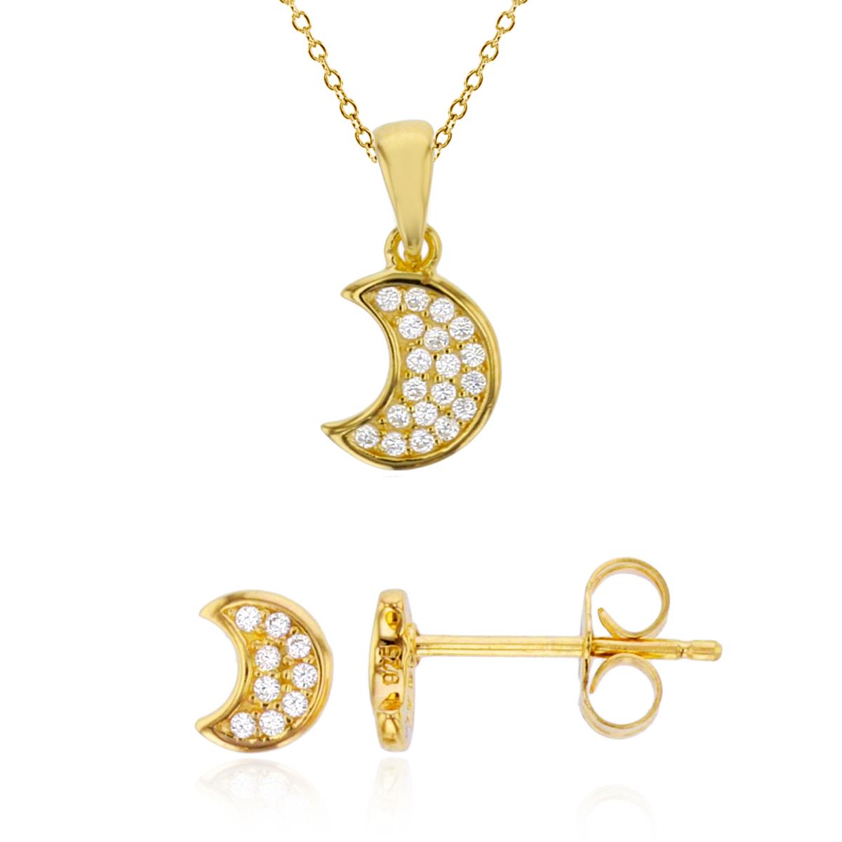 Sterling Silver Yellow Rnd White CZ Micropave Moon 13+2" Necklace & Earring Set