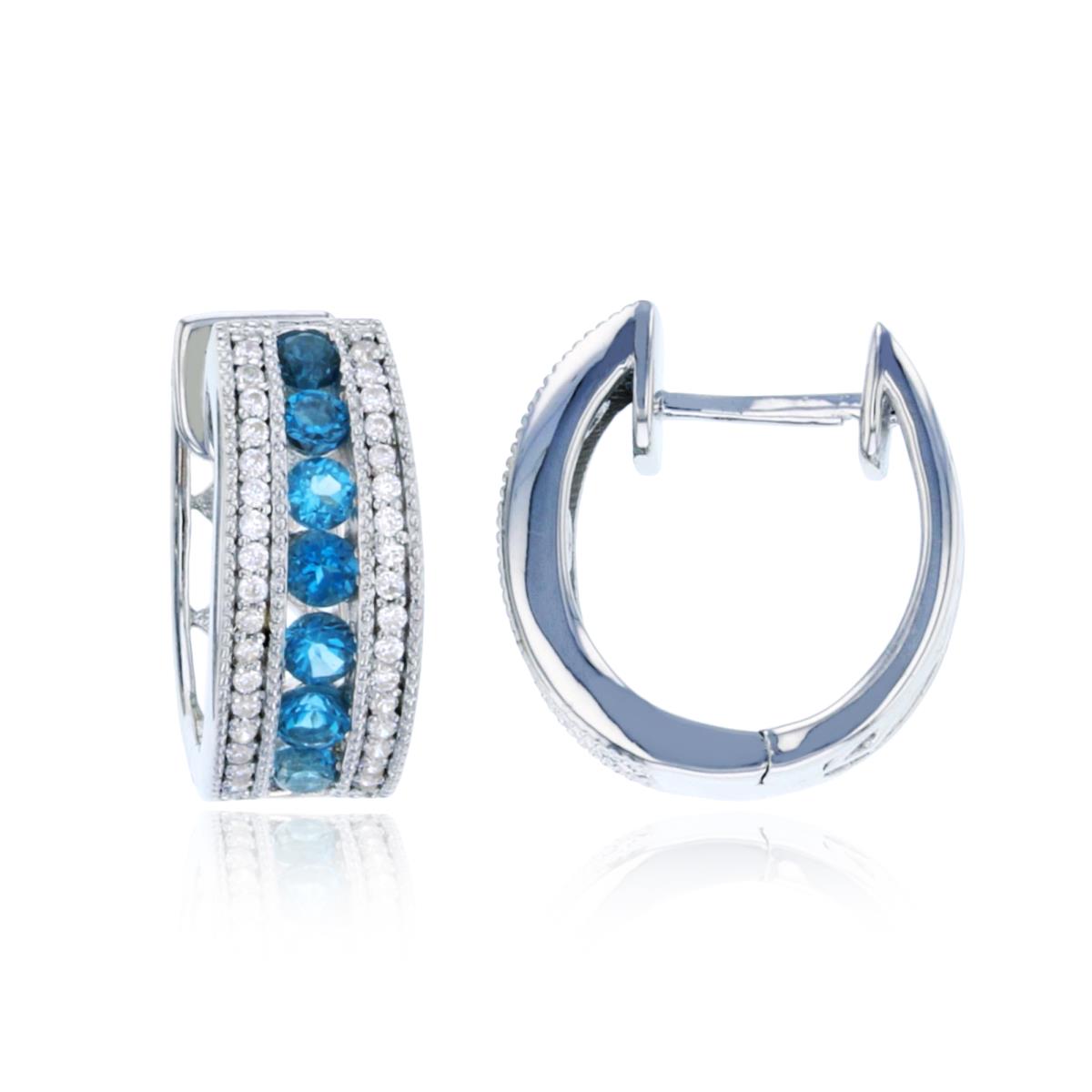 Sterling Silver Rhodium 0.204 CTTW Diamond& RD London Blue Topaz 15x2mm Huggie Earring