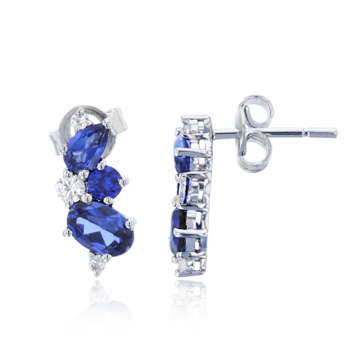Sterling Silver Rhodium  Ps,Rd,Ov Cr.Blue & White Sapphire Tossed Stud Earring