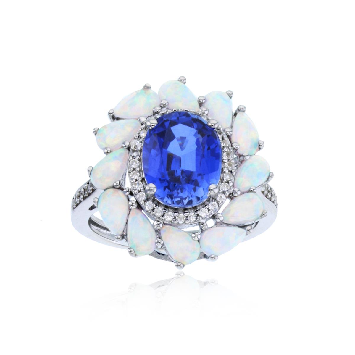 Sterling Silver Rhodium10x8 Ov Cr.Blue Sapph & Ps Cr.Opal&Rd Cr.W Sapph Flower Ring