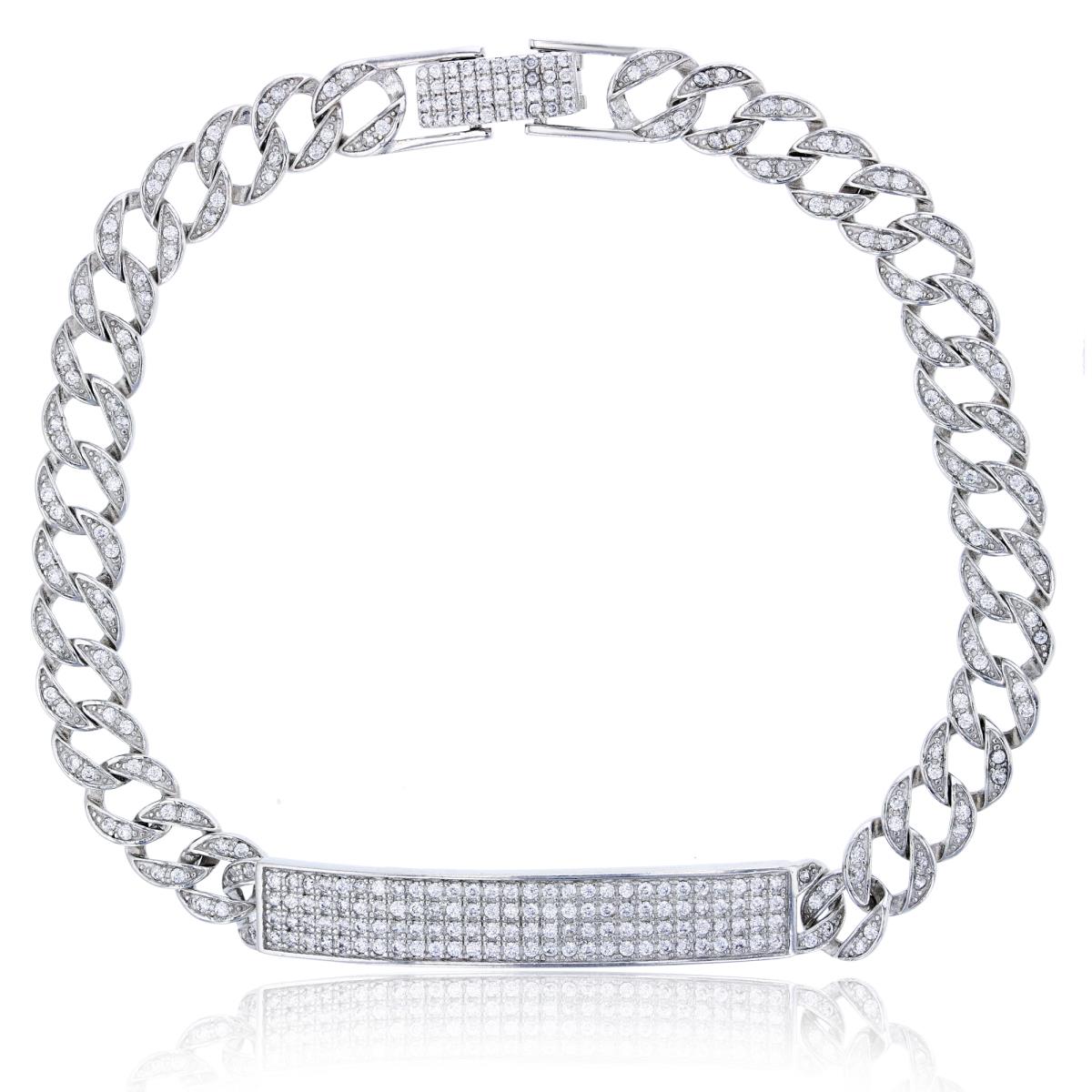 Sterling Silver Rhodium Micropave Curved Bar with Cuban Pave Chain 7.5" Bracelet