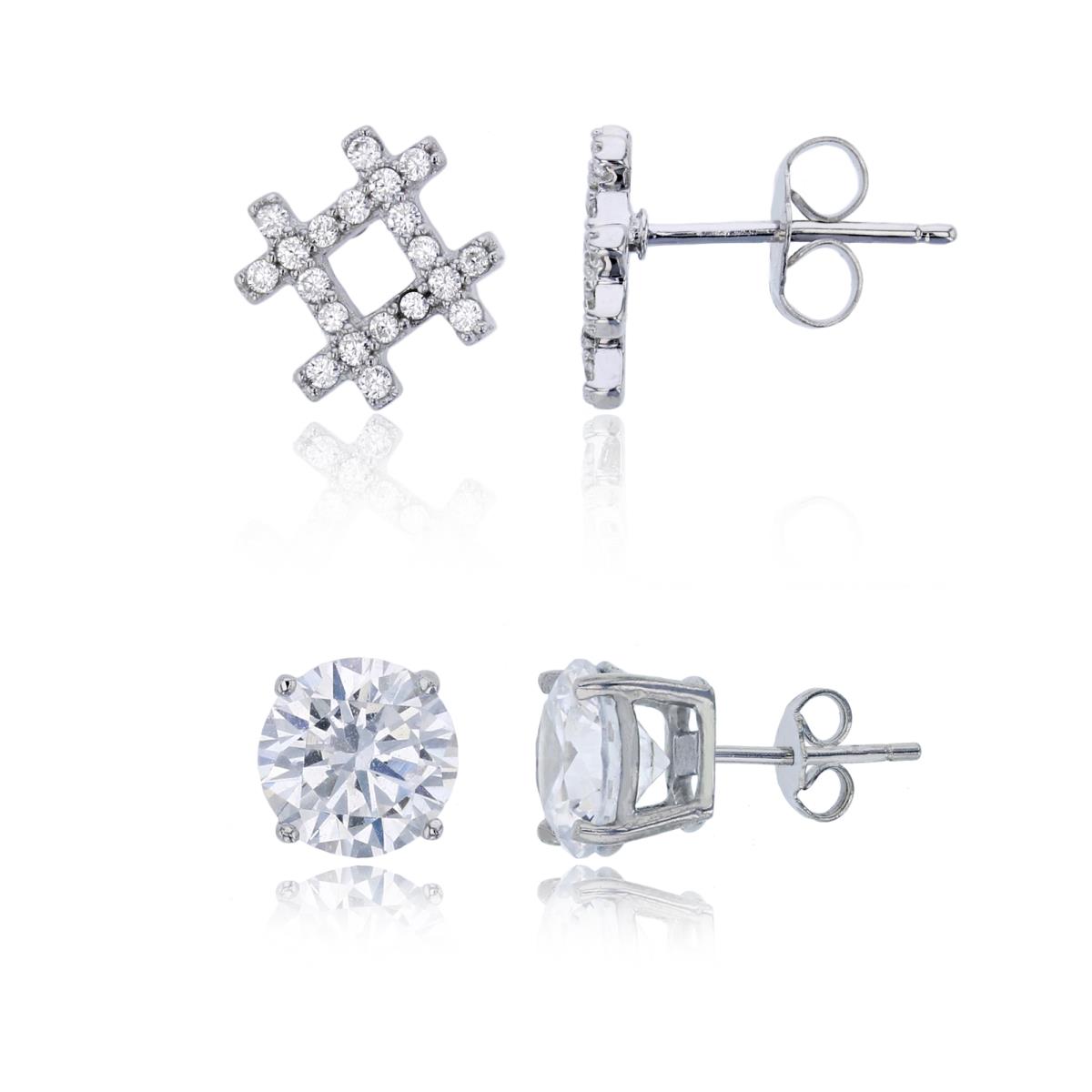 Sterling Silver Rhodium 9x9mm Pave Hashtag Sign & 8mm Solitaire Stud Earring Set