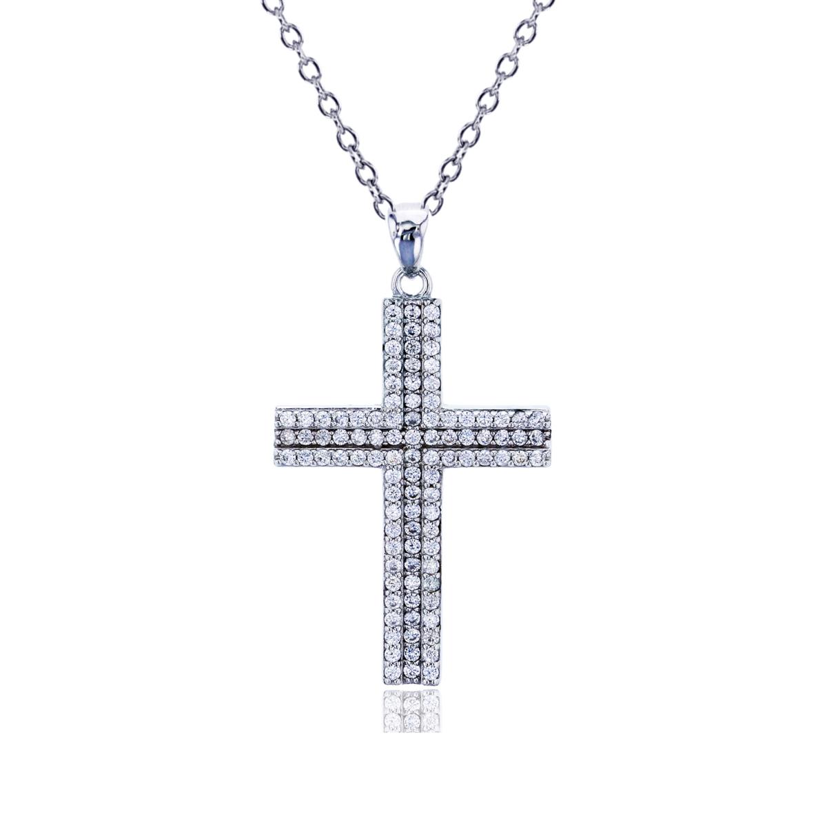 Sterling Silver Rhodium Micropave 1.25mm Round CZ Cross Dangling 18" Necklace