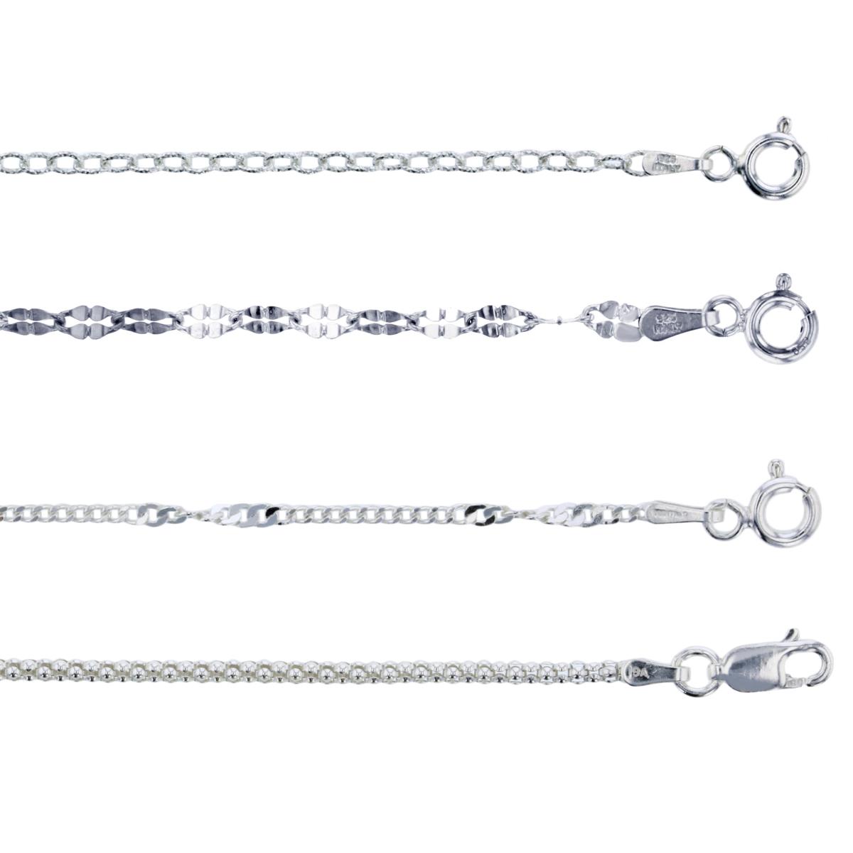 Sterling Silver Anti-Tarnish Cable, Mirror, Twist & Popcorn 7.25" Chain Set