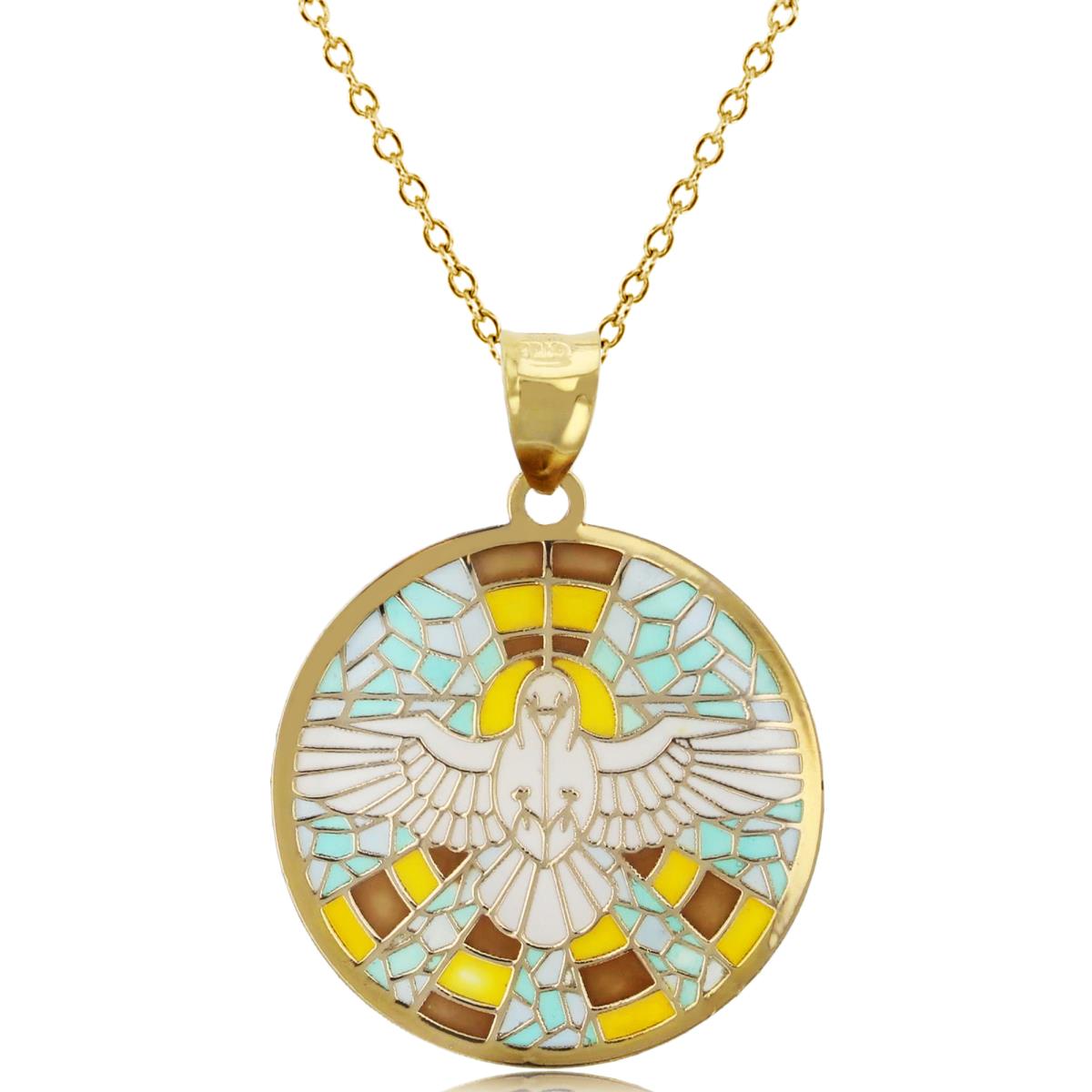 10K Yellow Gold Mosaic Enamel 27x20mm Landing Pigeon Circle 18" 020 Rolo Chain Necklace