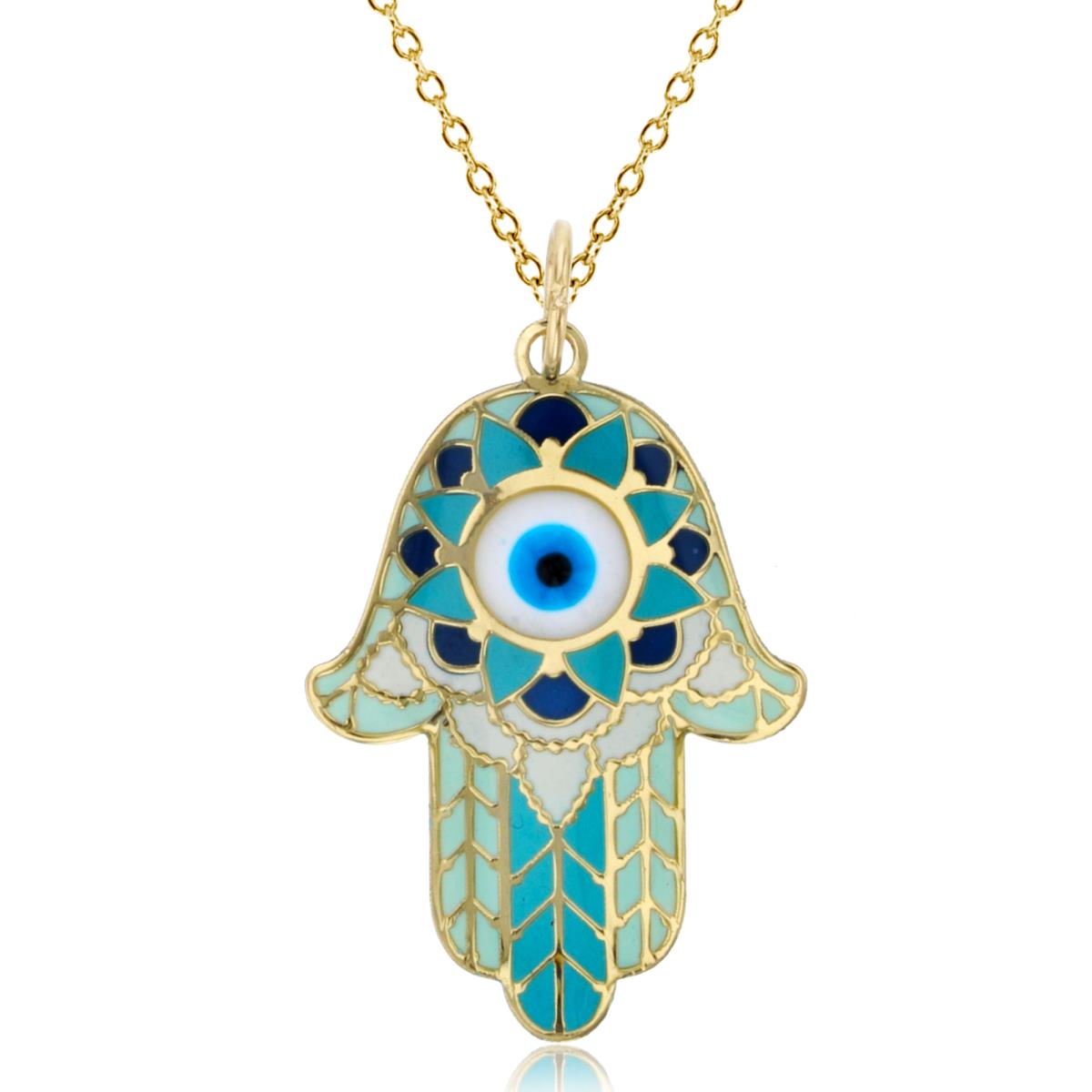 10K Yellow Gold Mandala Evil Eye Hamsa 30x19mm Enamel 18" 020 Rolo Chain Necklace