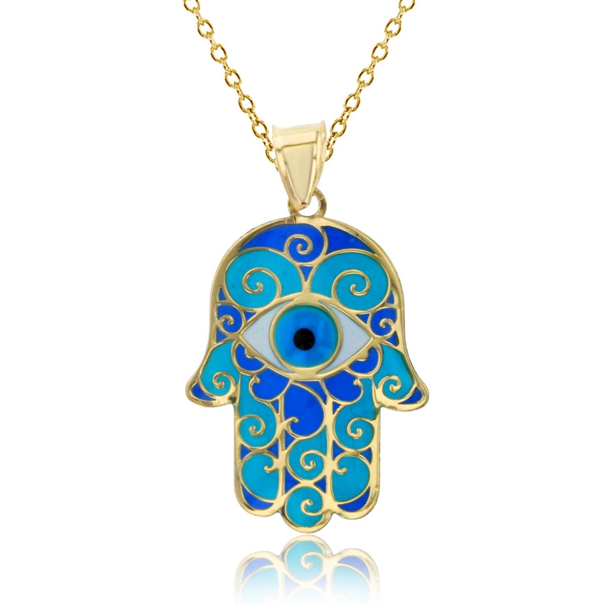 10K Yellow Gold Blue Enamel Evil Eye Hamsa 29x17mm 18" 020 Rolo Chain Necklace