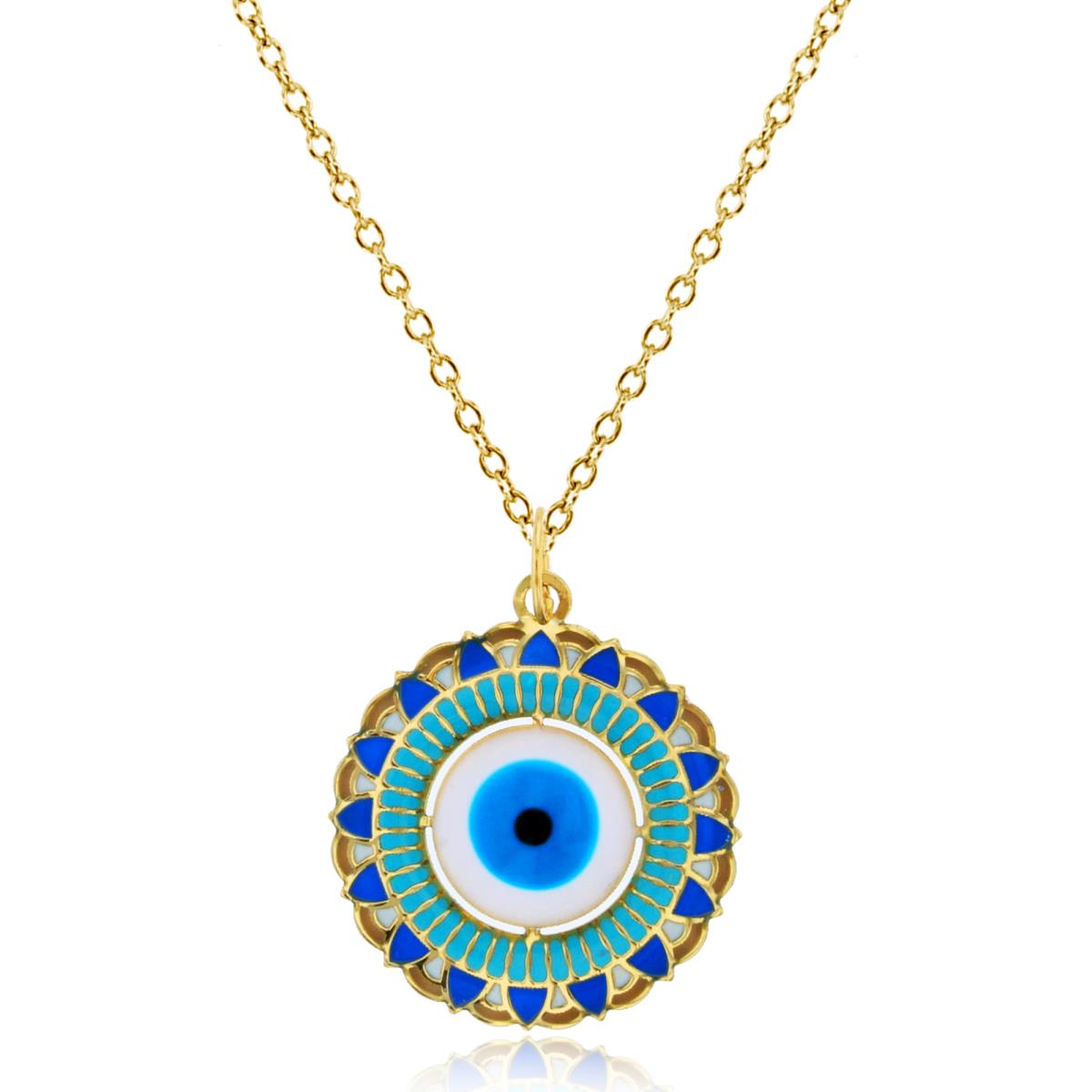 10K Yellow Gold Enamel Mandala Evil Eye 18" 020 Rolo Chain 26x20mm Necklace