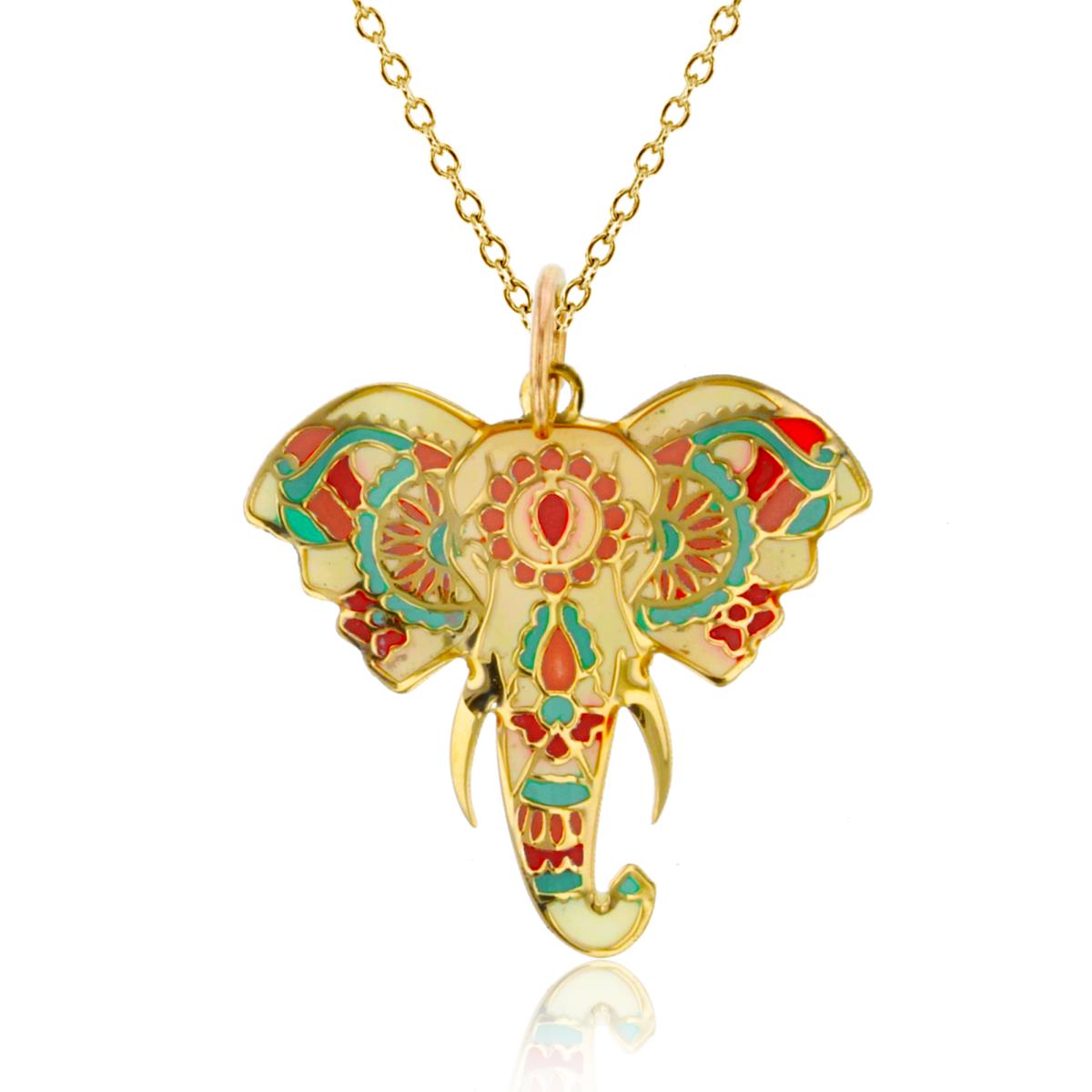 10K Yellow Gold Multi-Color 21x20mm Enamel Elephant Head 18" 020 Rolo Chain Necklace