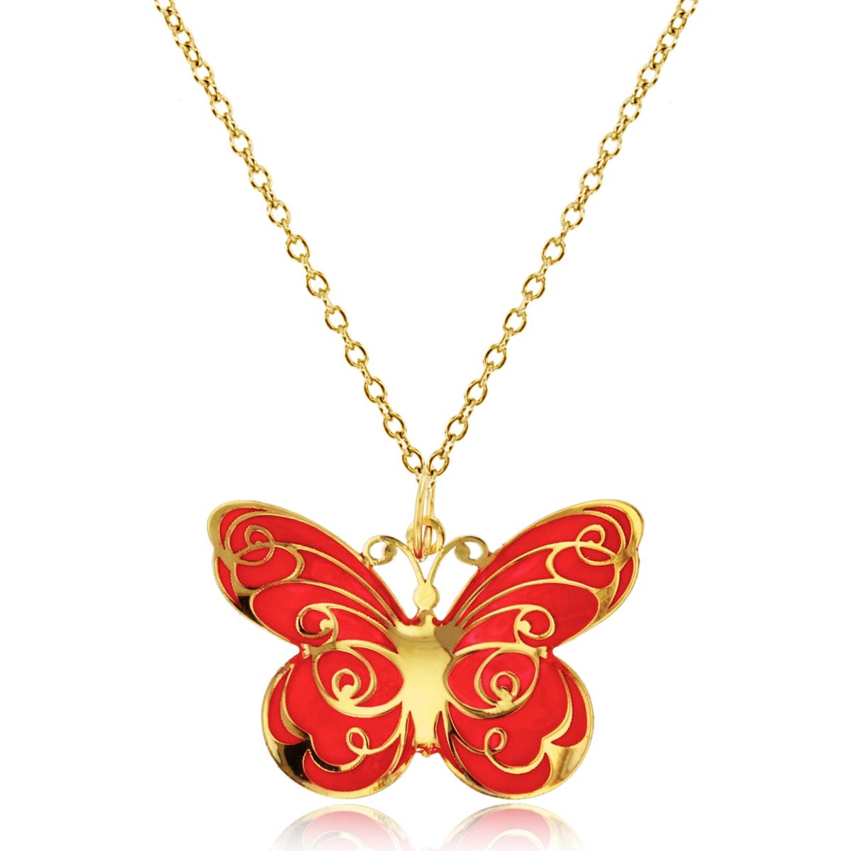 10K Yellow Gold Red Enamel 25x20mm Butterfly 18" 020 Rollo Chain Necklace