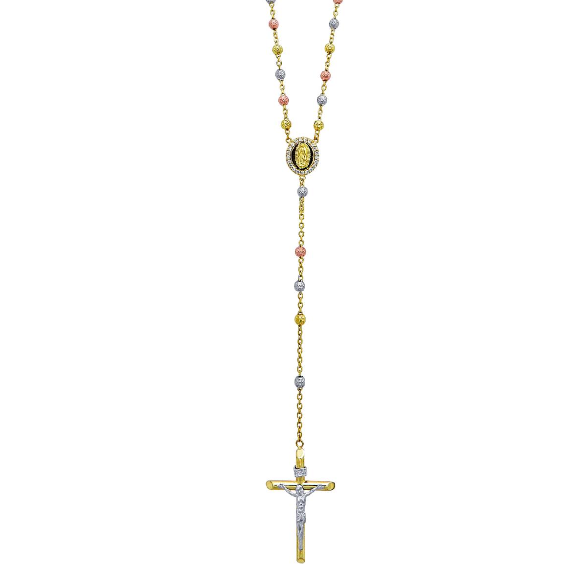 10K Tri-color Gold Swarovski CZ 26 Inch 4mm Beads Rosary Necklace 