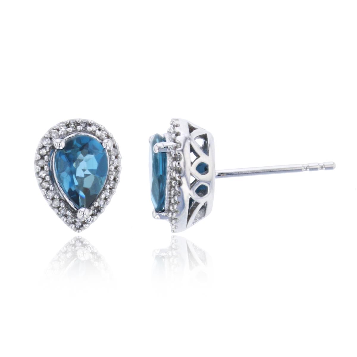 14K  White Gold 0.075 Cttw Diamond & 8x5mm Pear London Blue Topaz  Earrings