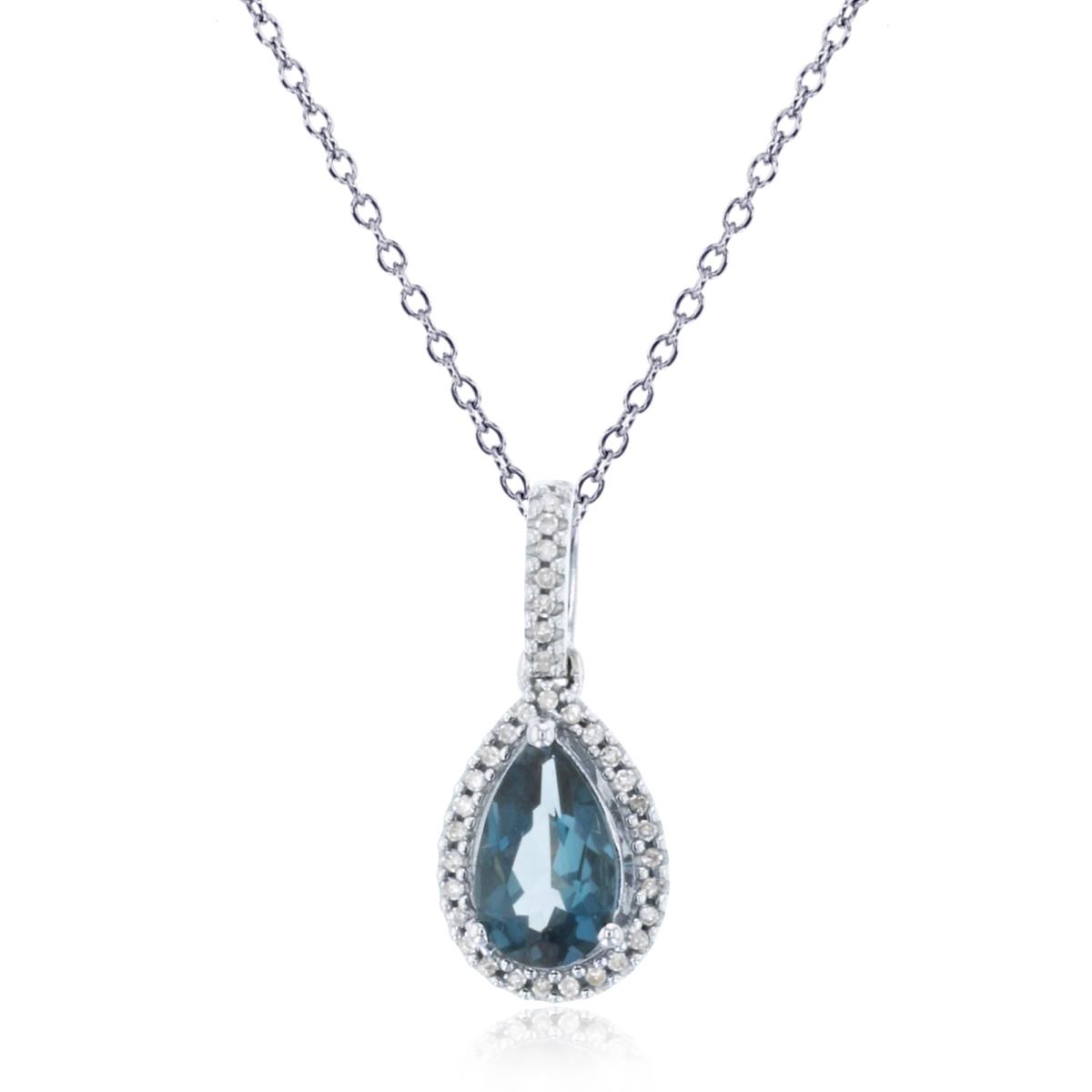 14K  White Gold 0.096 Cttw Diamond & 8x5mm Pear London Blue Topaz 18" Necklace