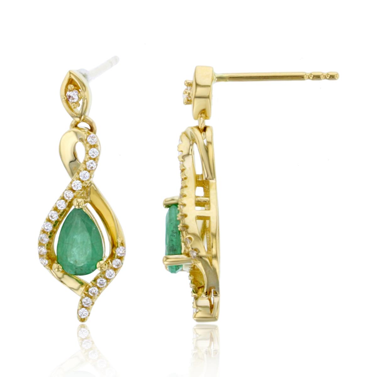 14K Yellow Gold Rd CZ & 7x5mm Pear Emerald Earring