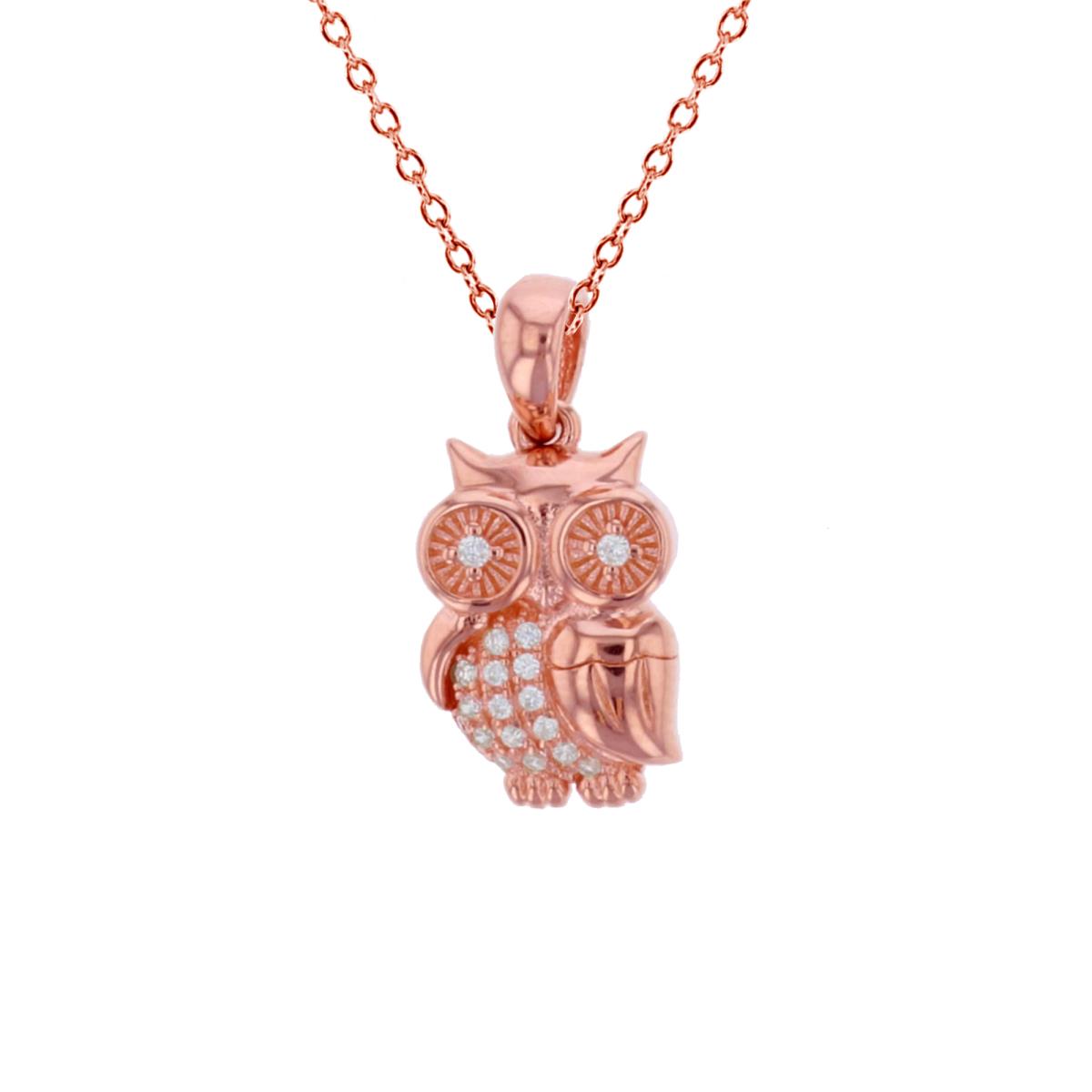 Sterling Silver Rose 0.056 Cttw Diamond Owl 18" Necklace