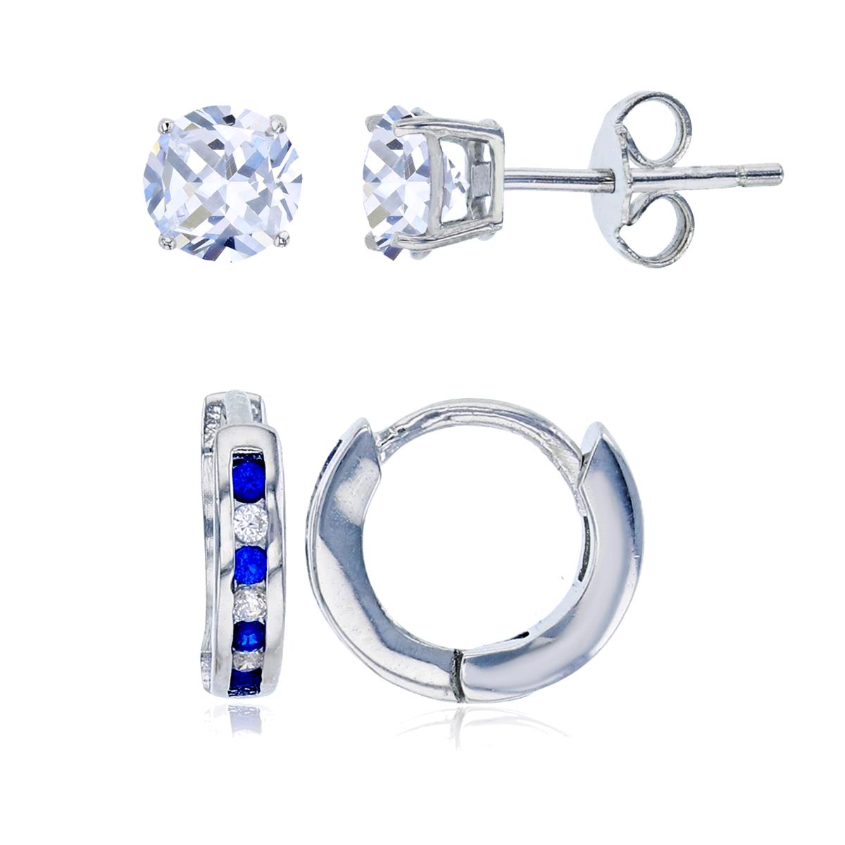 Sterling Silver Rhodium 10x2mm Channel Set Sapph & Wh CZ Huggie & 4mm Rd Solitaire Stud Earring Set