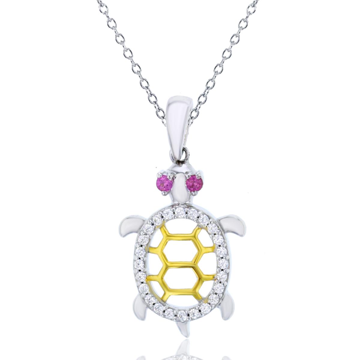Sterling Silver Yellow & White 1.5mm Cr Ruby& Rd Cr White Sapp. Turtle 18" Necklace