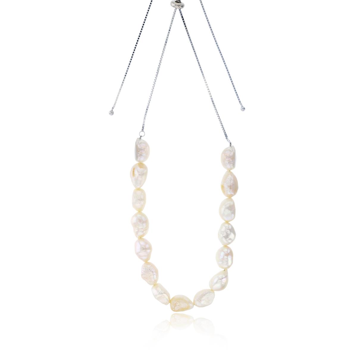 Sterling Silver Rhodium 11-12mm Baroque Pearls Adjustable 28" Necklace