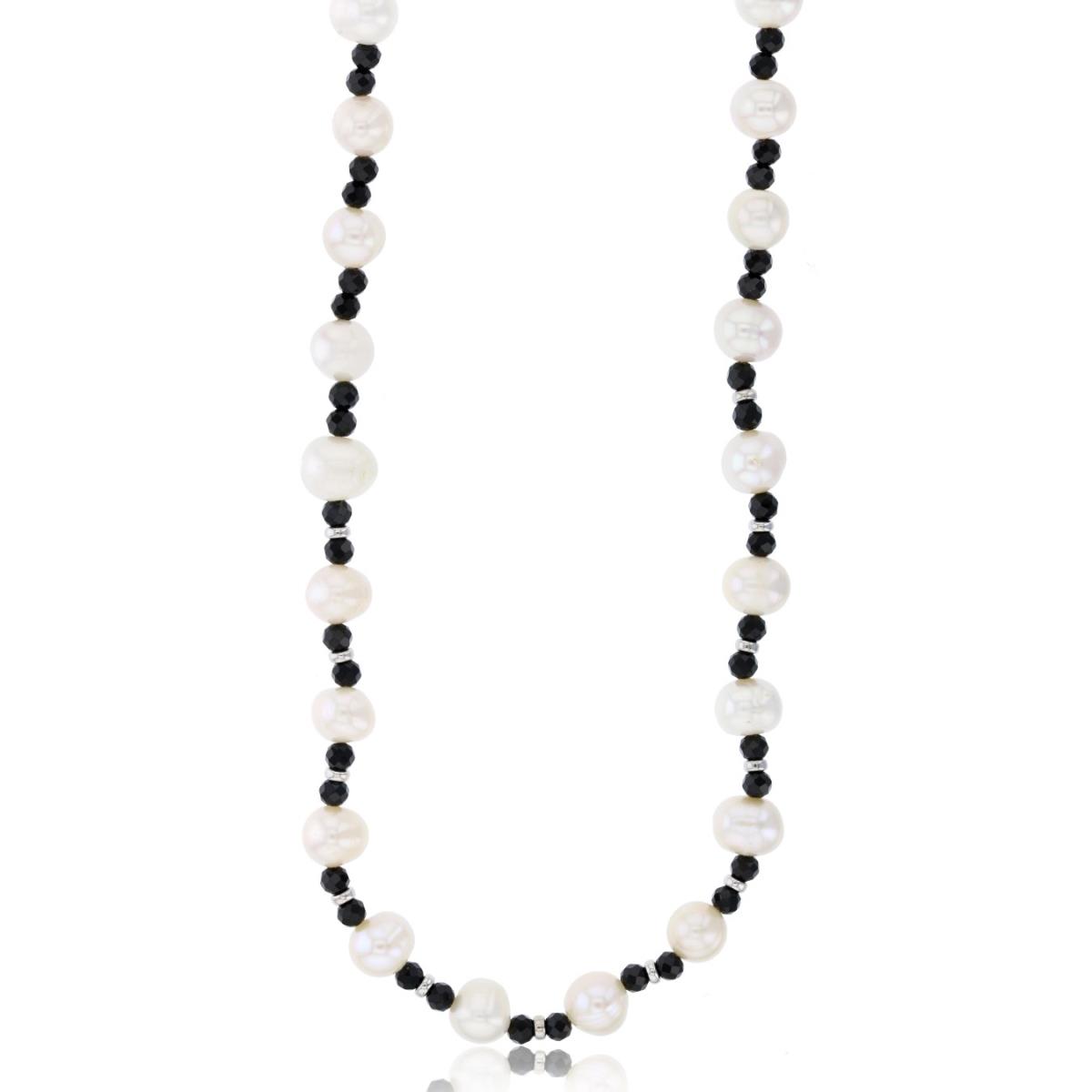 Sterling Silver Rhodium 9-10mm FWP & 4mm Black Spinel 20" Necklace