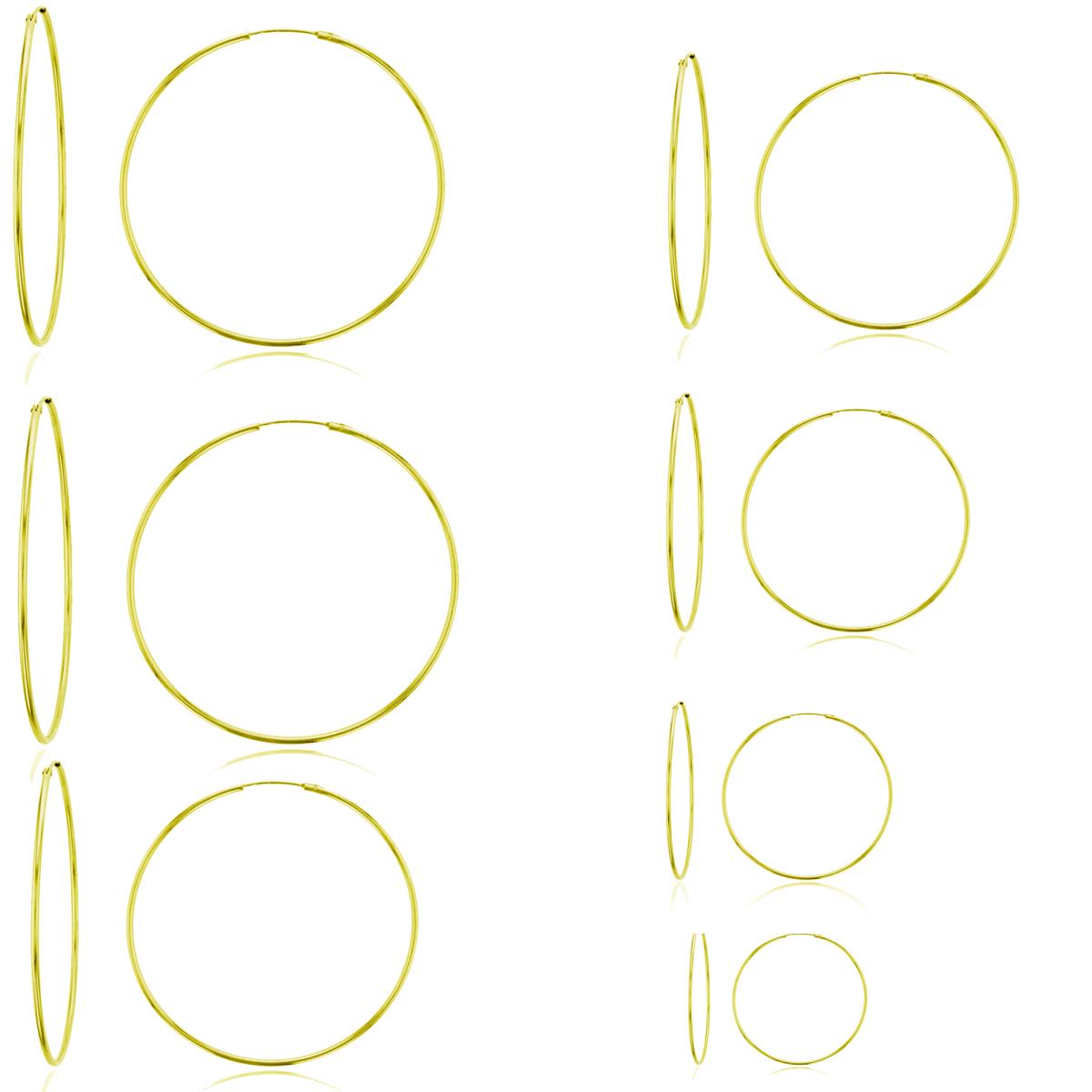 Sterling Silver Yellow 1-Micron 20x2/30x2/40x2/50x2/60x2/70x2/80x2mm Endless Hoop Earrings Set