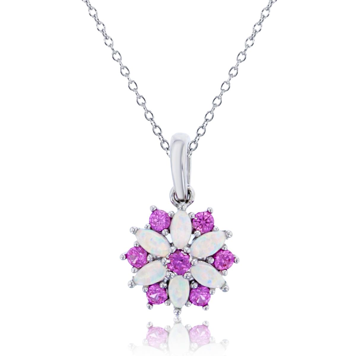 Sterling Silver Rhodium  Rd Cr.Opal & Cr. Pink Sapphire Flower 18" Necklace