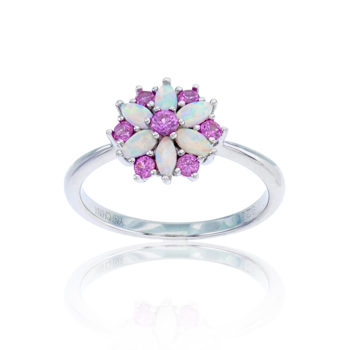 Sterling Silver Rhodium Rd Cr.Opal & Cr. Pink Sapphire Flower Ring