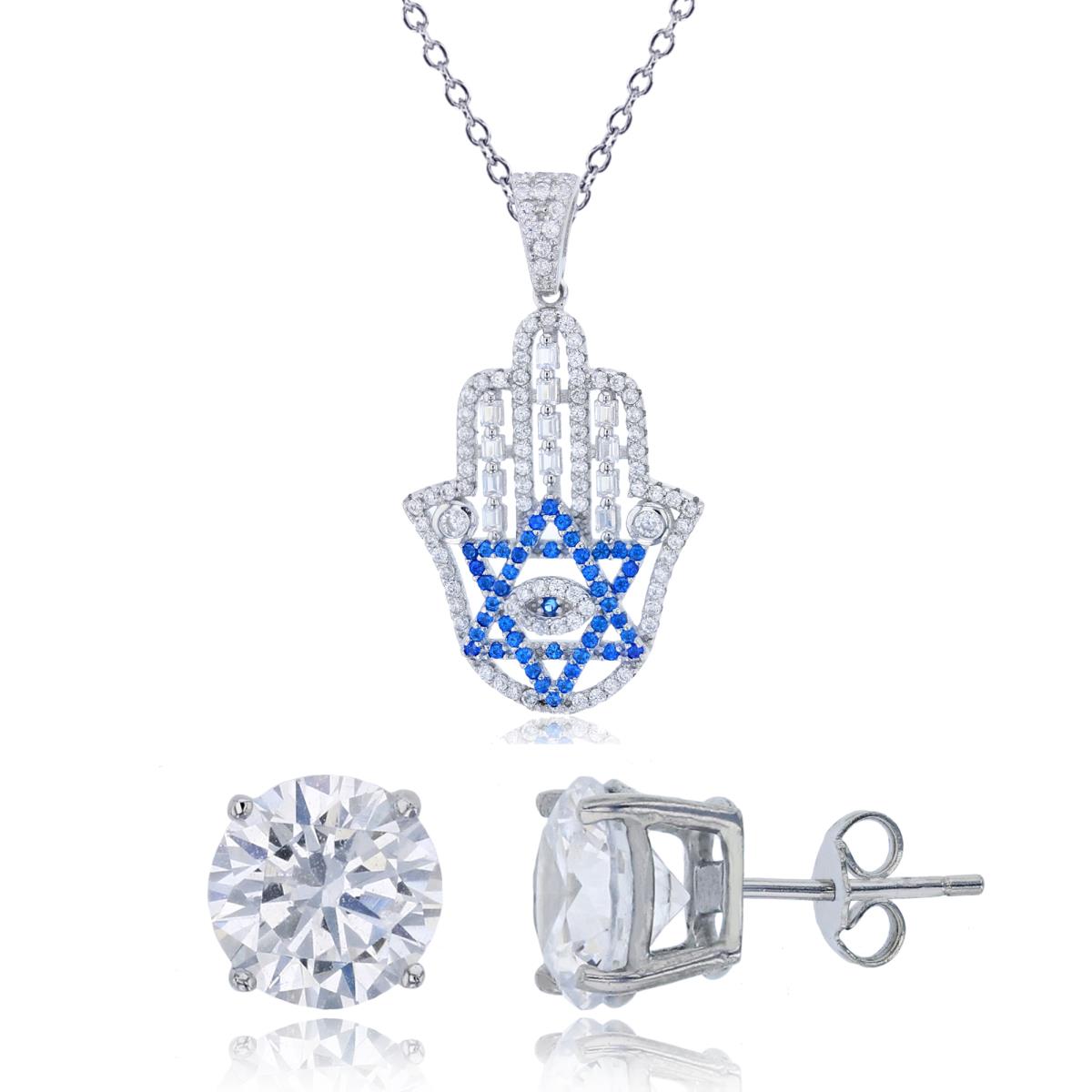 Sterling Silver Rhodium Rd White & Blue CZ Hamsa Star Of David 18" Necklace & 8mm Rd Solitaire Earring Set