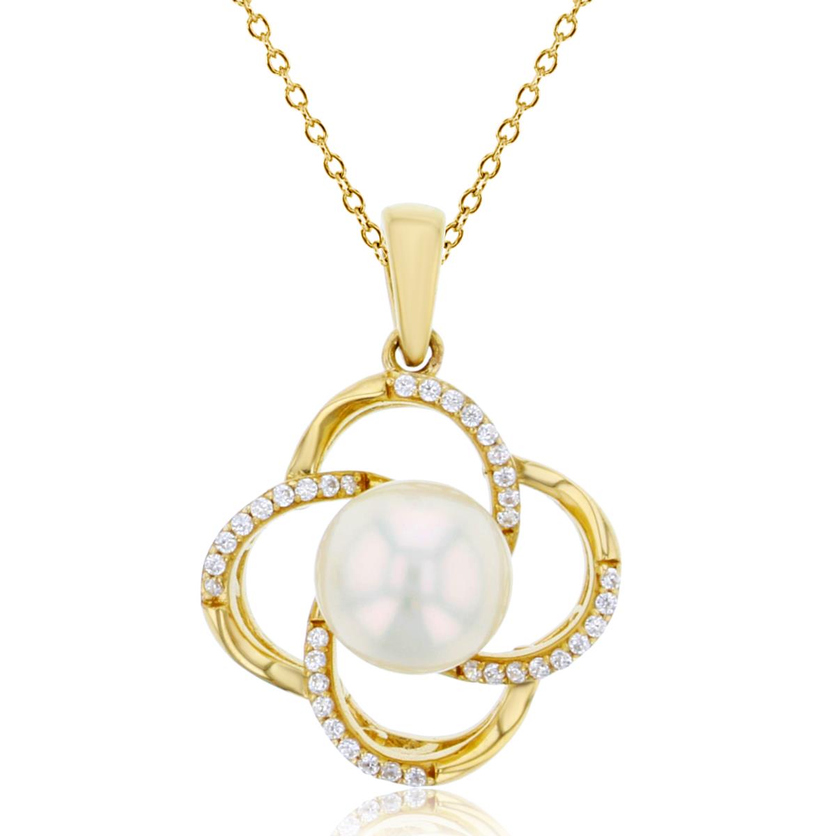 14K Yellow Gold 8mm Rd Pearl & Rd CZ Flower 18" Necklace