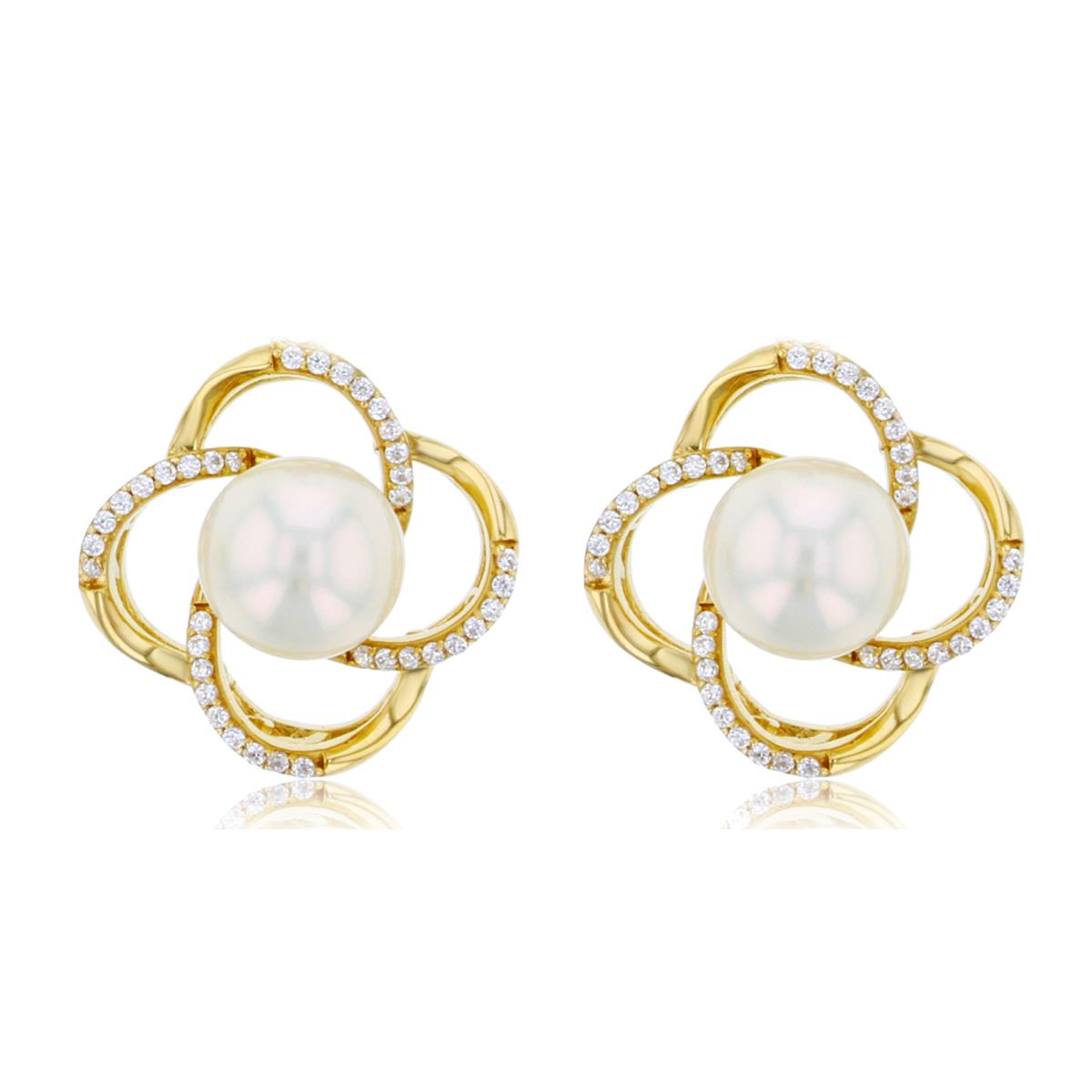 14K Yellow Gold 7mm Rd Pearl & Rd CZ Flower Studs 