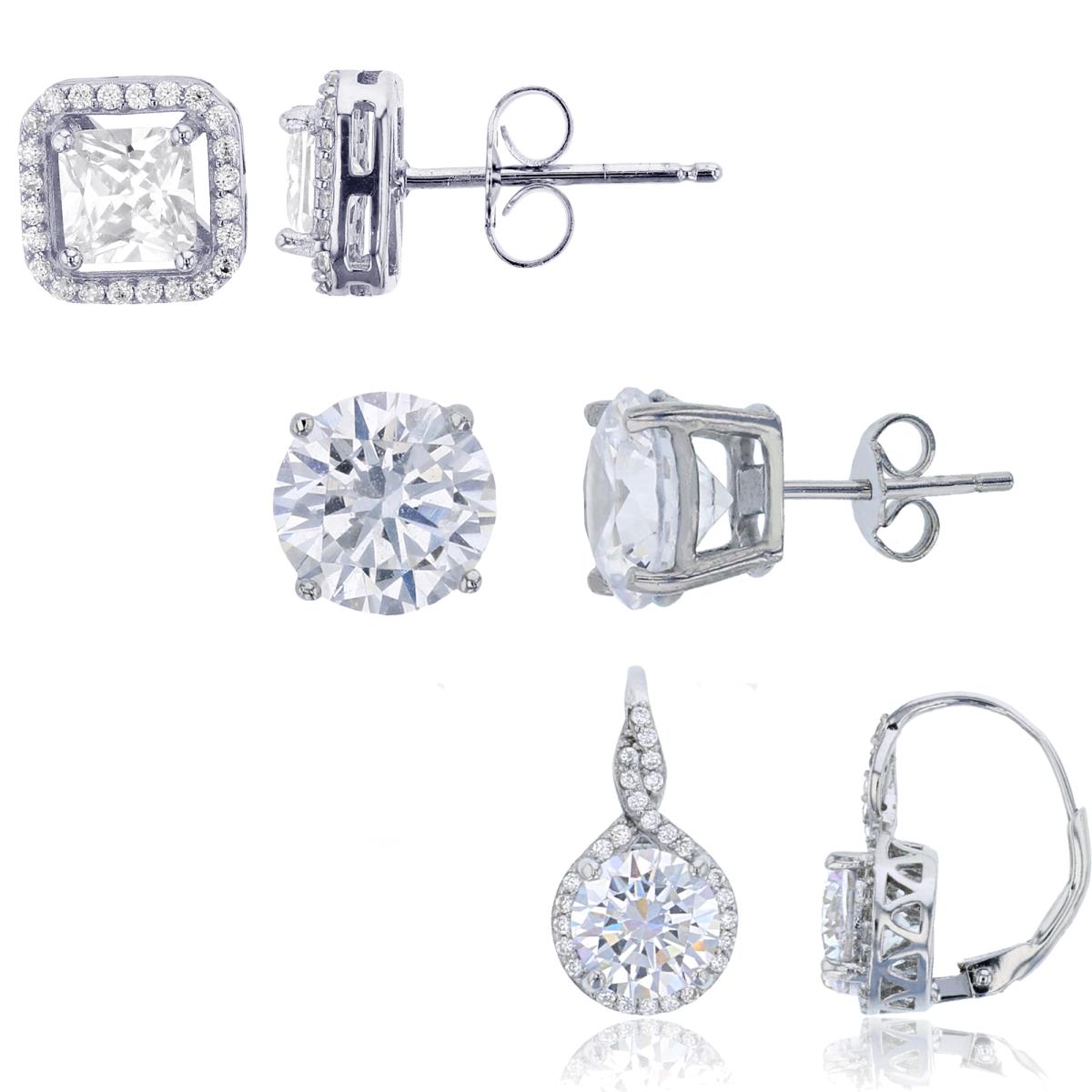 Sterling Silver Rhodium 8mm Rd Twist Leverback, 8mm Round Solitaire & 5mm Sq Cut Earring Set