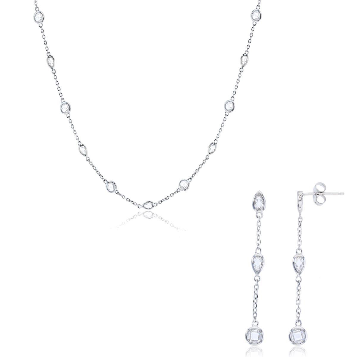 Sterling Silver Rhodium PS & Rnd White CZ Bezel Station 18" Necklace & Dangling Earring Set