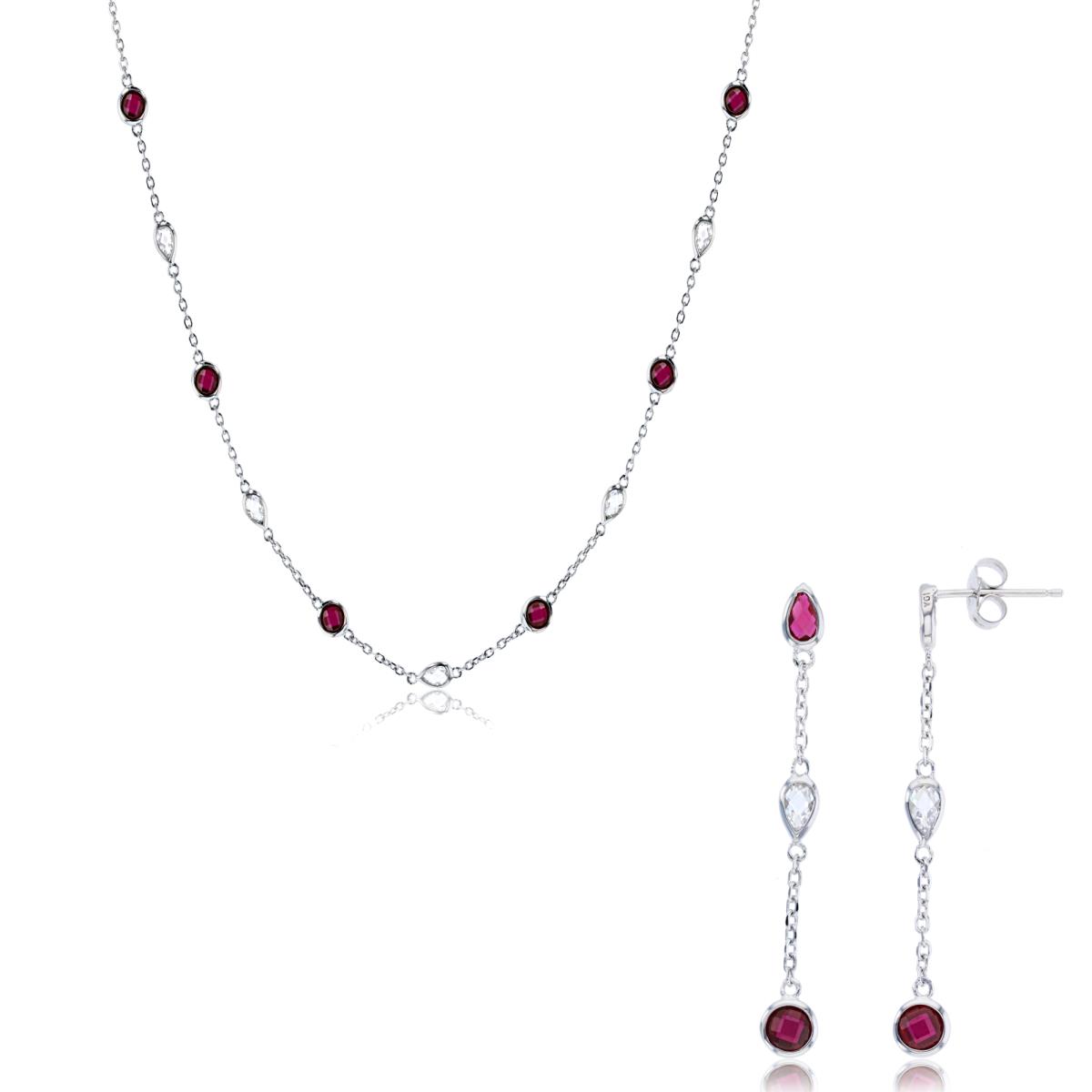 Sterling Silver Rhodium PS & Rnd White & #8 Ruby CZ Bezel Station 18" Necklace & Dangling Earring Set
